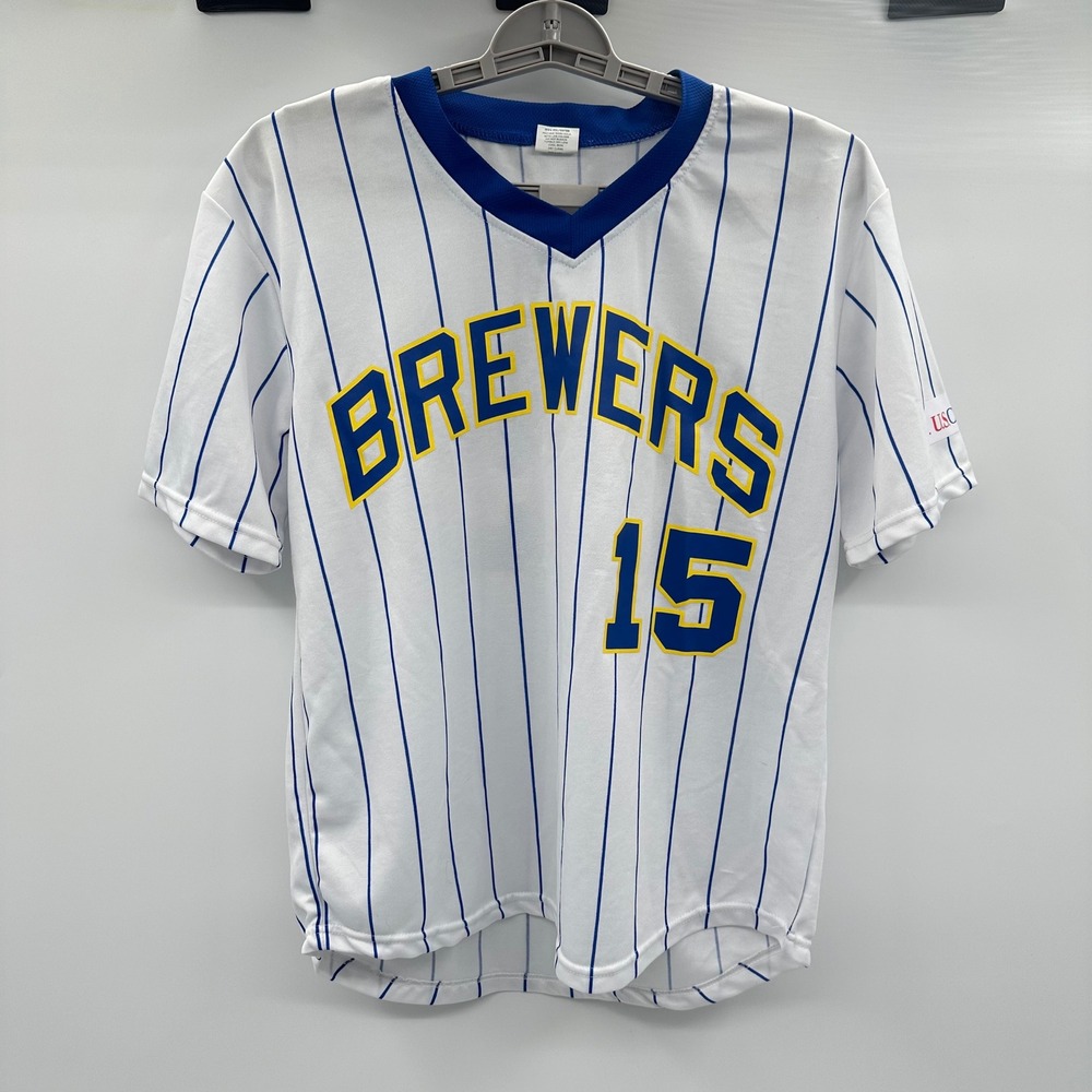 Milwaukee Brewers Jersey Mens Medium White Blue Pinstripe Baseball Number 15